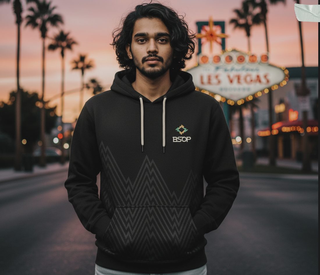 Moletom preto com estampa da BSOP em Las Vegas